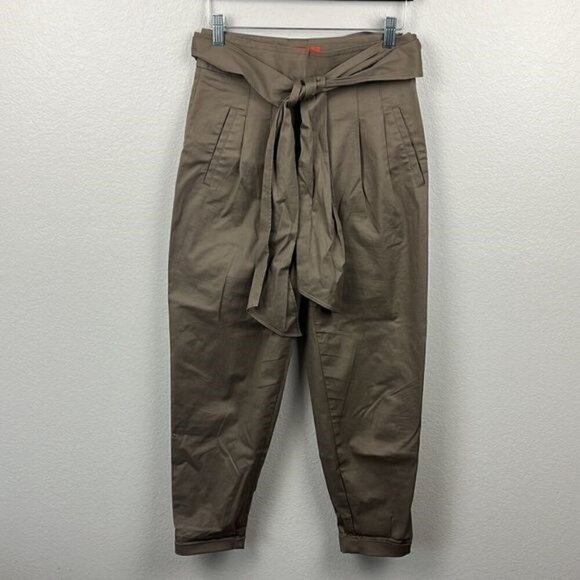 Cartonnier Tan Trousers Pleated Front High-Rise Tie Waist Tapered Leg Crop Pants - Picture 4 of 15